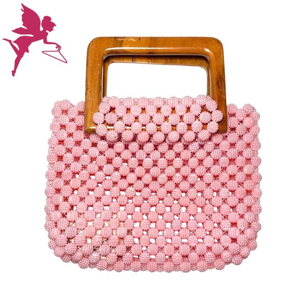 VINTAGE Pink Sugar Crumb Beaded Bag With Wooden Handles